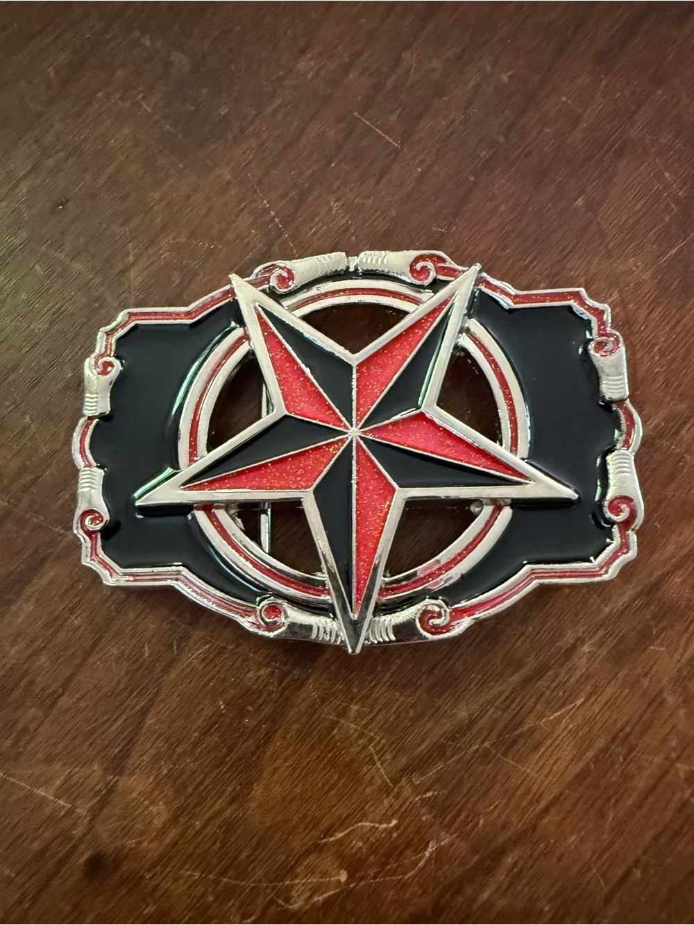 VTG Nautical Star Compass Belt Buckle Black Red Silver Sailor Fishing Captain